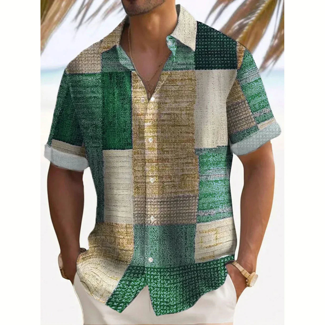 Joshua | Men's Color Block Patchwork Short Sleeve Button Up Shirt