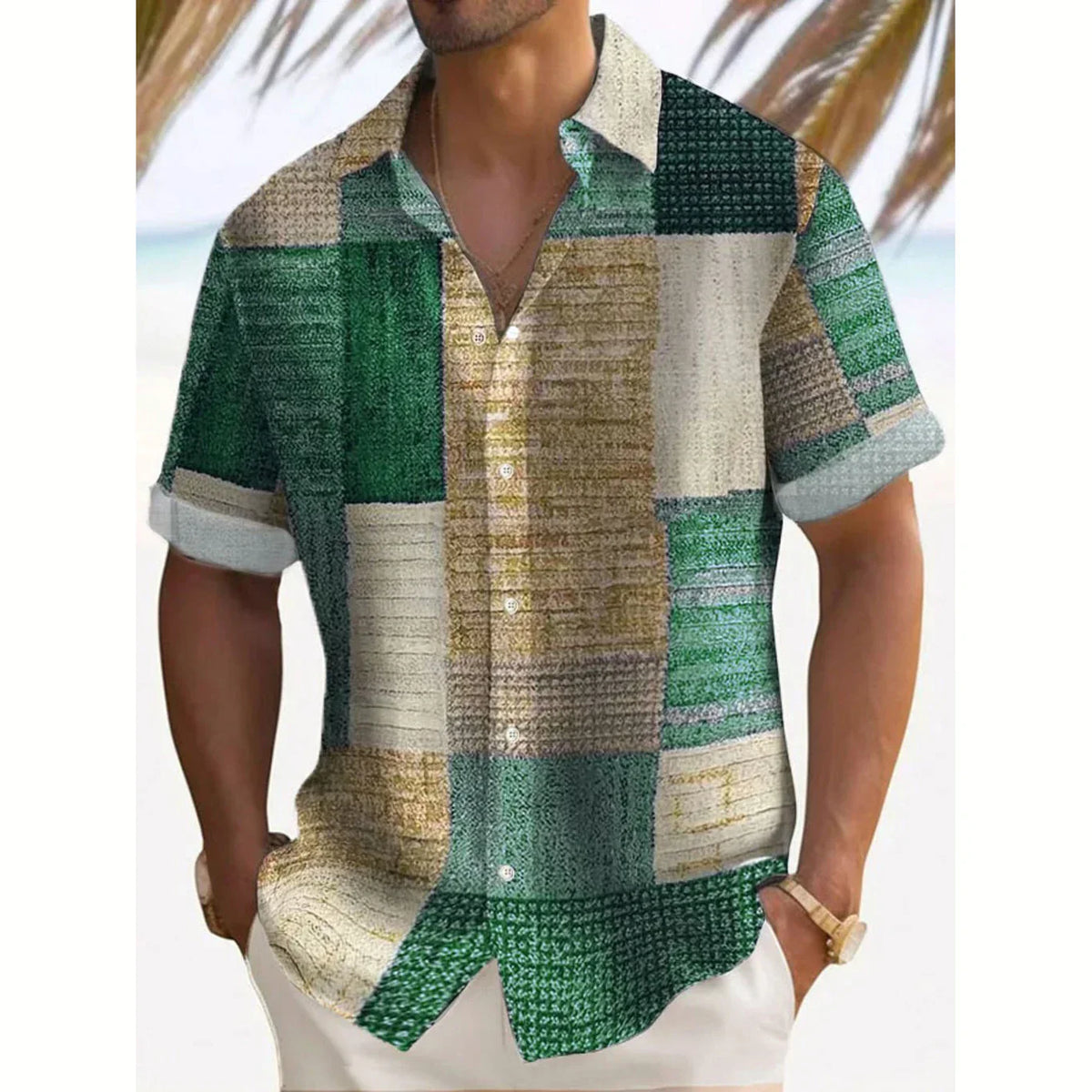 Joshua | Men's Color Block Patchwork Short Sleeve Button Up Shirt