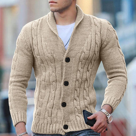 Men’s Cable Knit Cardigan Wool Blend Shawl Collar Button Down Ribbed Cuffs