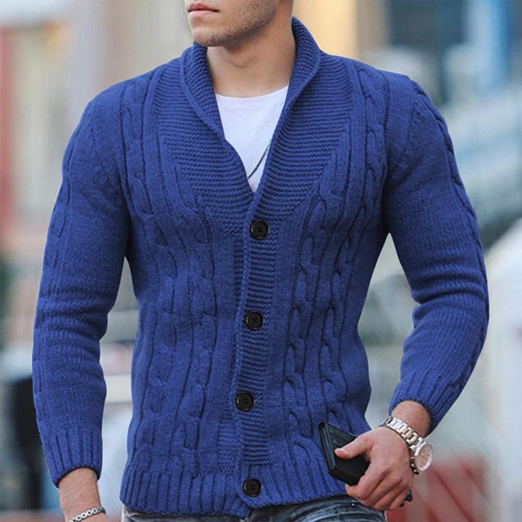 Men’s Cable Knit Cardigan Wool Blend Shawl Collar Button Down Ribbed Cuffs