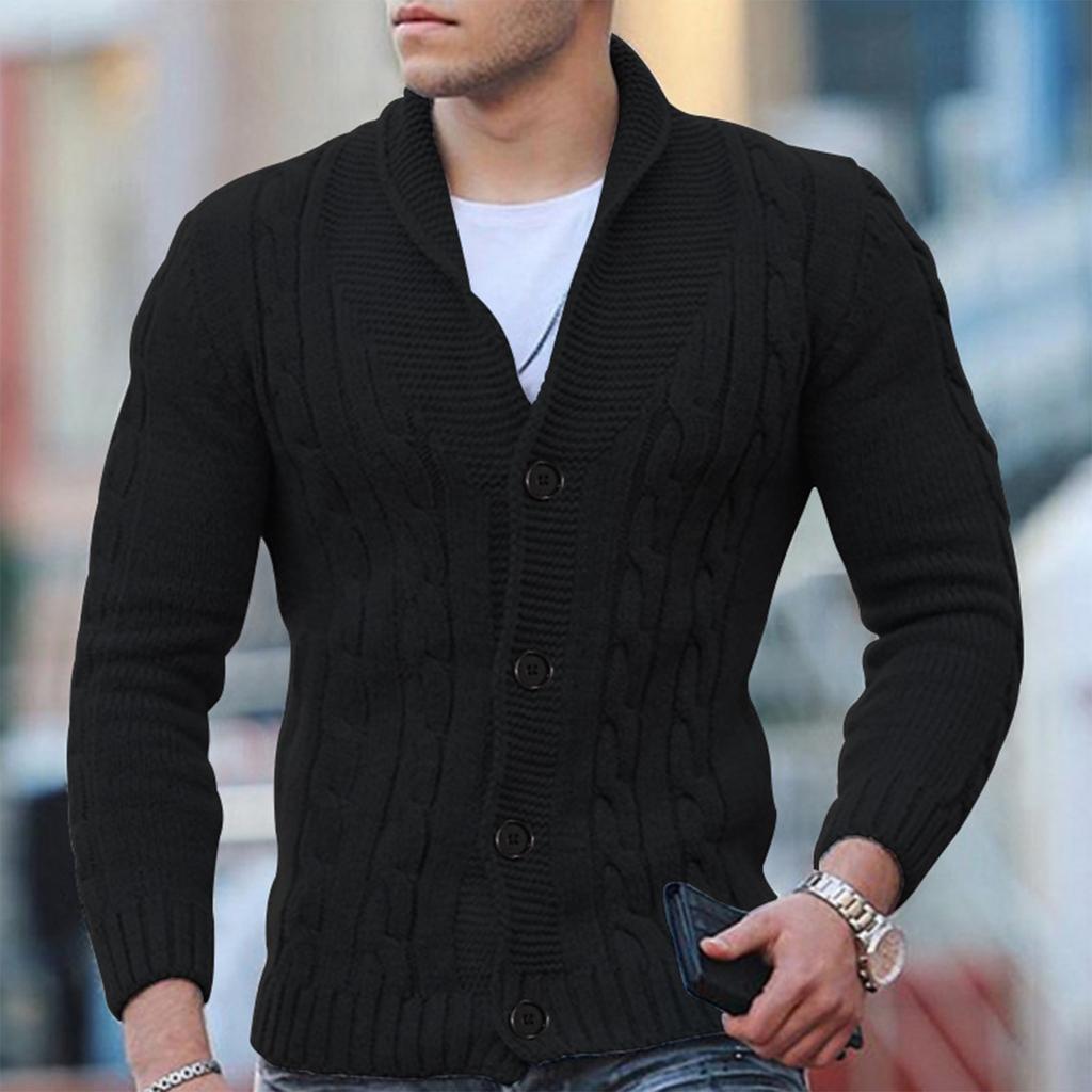 Men’s Cable Knit Cardigan Wool Blend Shawl Collar Button Down Ribbed Cuffs