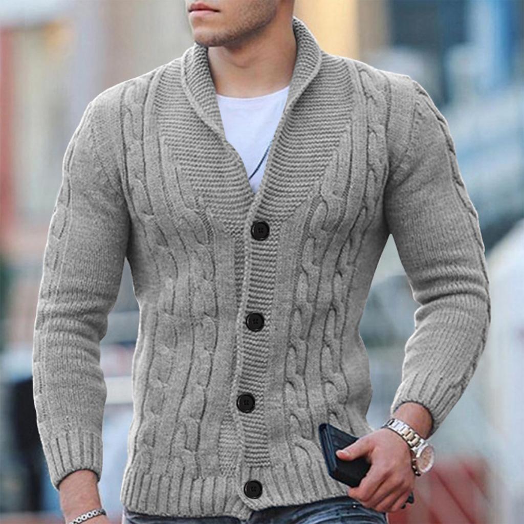 Men’s Cable Knit Cardigan Wool Blend Shawl Collar Button Down Ribbed Cuffs