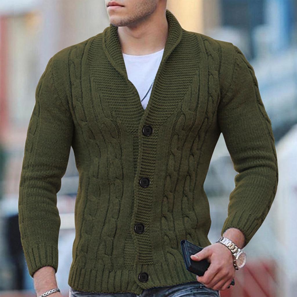 Men’s Cable Knit Cardigan Wool Blend Shawl Collar Button Down Ribbed Cuffs