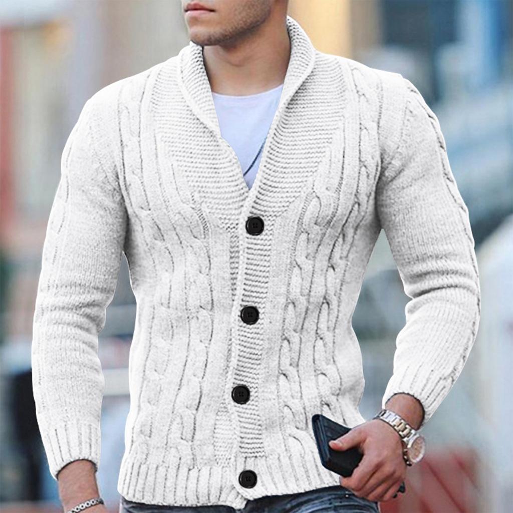 Men’s Cable Knit Cardigan Wool Blend Shawl Collar Button Down Ribbed Cuffs