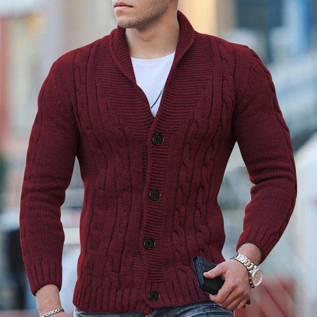 Men’s Cable Knit Cardigan Wool Blend Shawl Collar Button Down Ribbed Cuffs