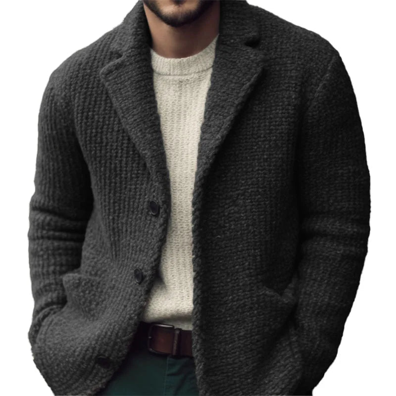 Men's Knit Cardigan with Notch Collar and Buttons